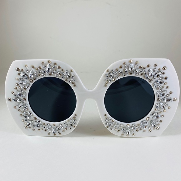Giant Glam Girl White Rhinestone Encrusted Oversized Sunglasses - Picture 4 of 6